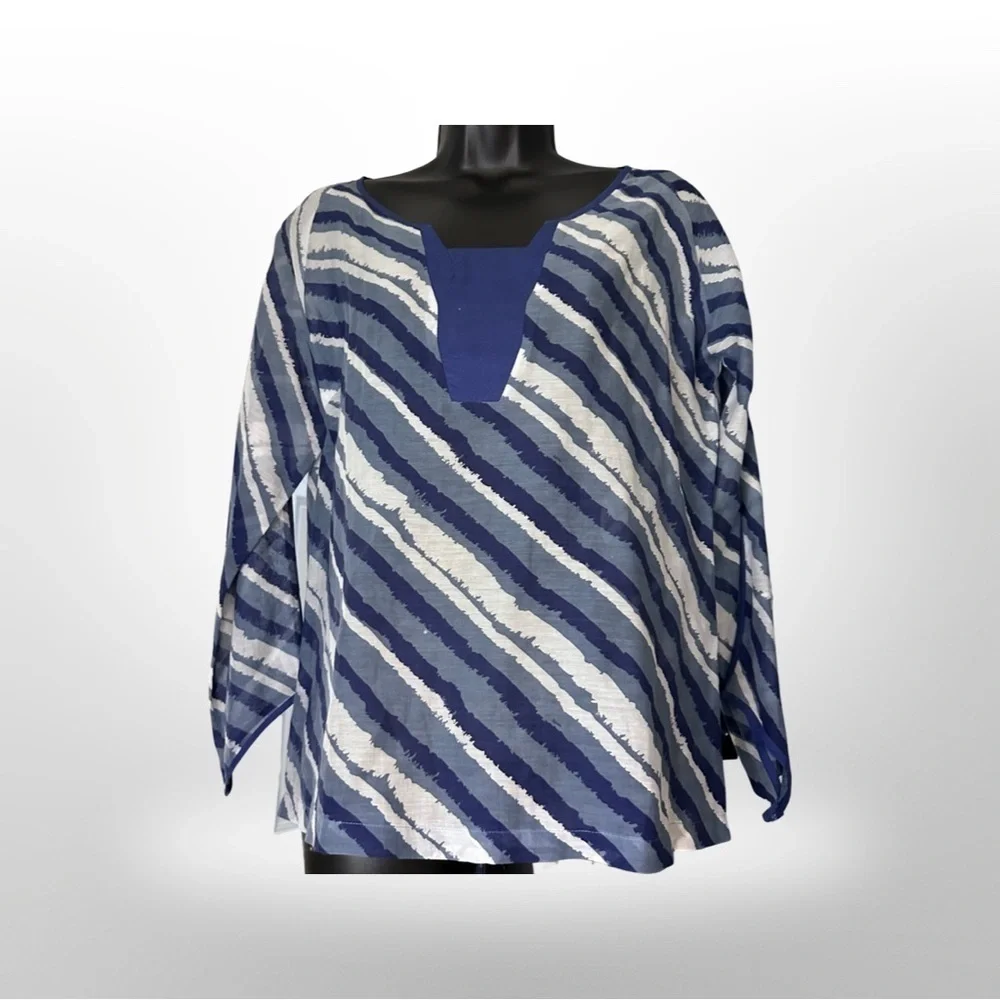 Herion Italy Sheer Blue White Diagonal Striped Tunic Blouse Size 40 (US 10) - Picture 2 of 7